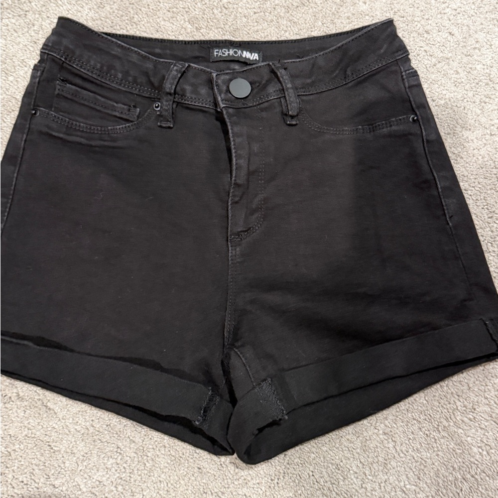 Fashion Nova Black High-Rise Cuffed Denim Shorts